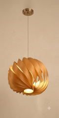 A pendant light with a spiral spherical design, made of curved and overlapping wooden slats that give the place warm lighting and an elegant organic character.