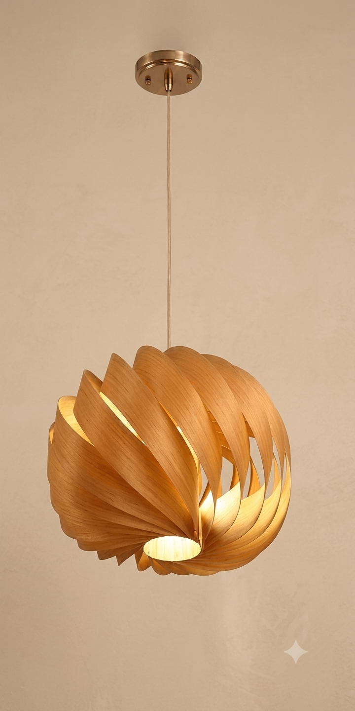 A pendant light with a spiral spherical design, made of curved and overlapping wooden slats that give the place warm lighting and an elegant organic character.