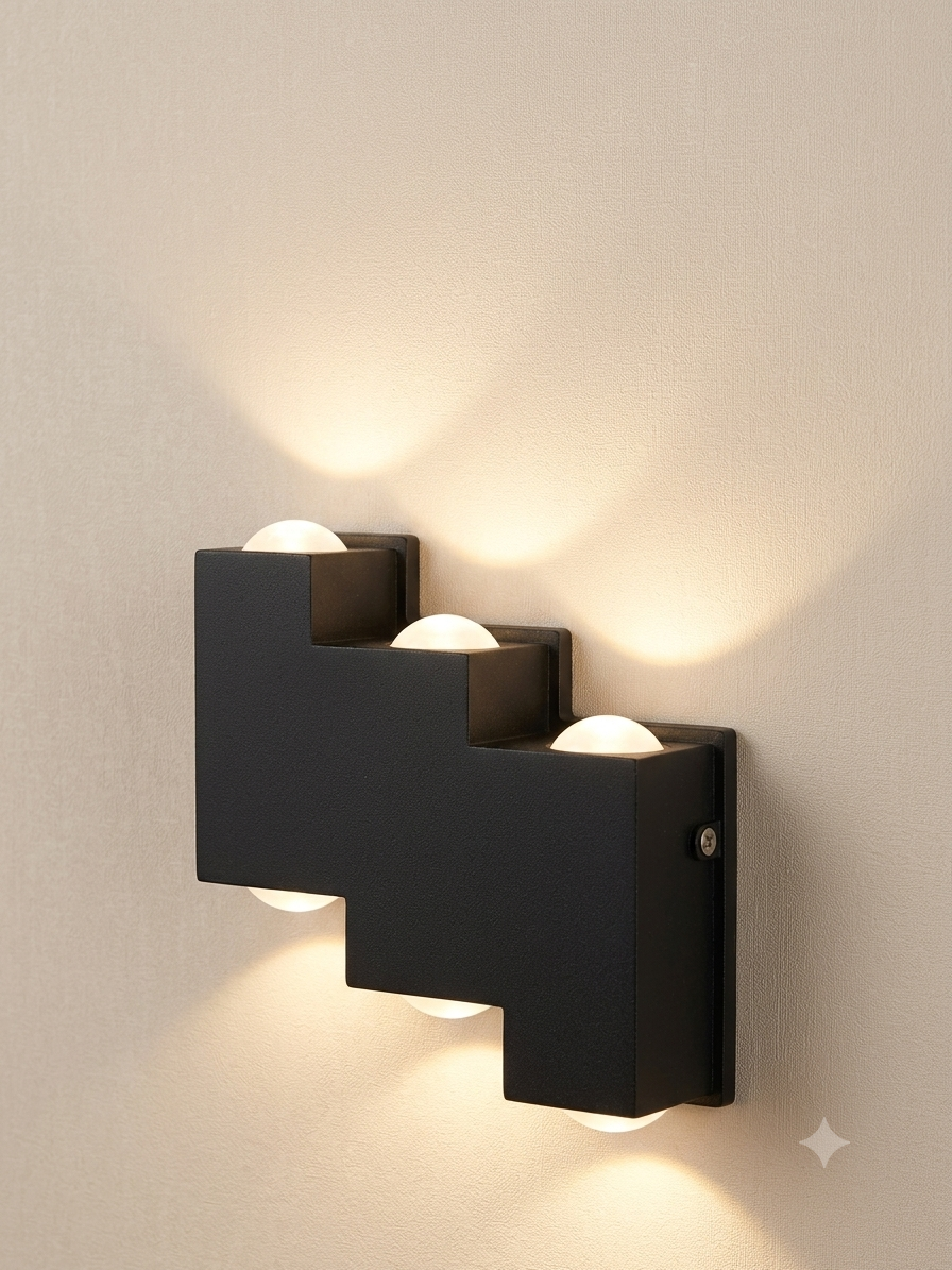 A black wall light unit with a stepped geometric design in the shape of a ladder, providing double lighting (up and down) via spherical lenses.