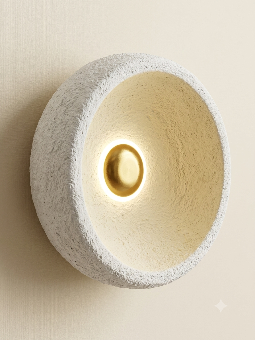 A circular wall light unit with a hollow design and a rough texture resembling plaster or natural stone, with a golden dome in the center surrounded by a light ring that provides a warm glow that is softly reflected on its inner surface.