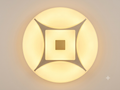 A circular lighting unit with a symmetrical geometric design, featuring a square in the center and four curved lighting sections.
