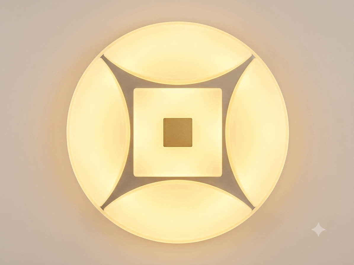 A circular lighting unit with a symmetrical geometric design, featuring a square in the center and four curved lighting sections.