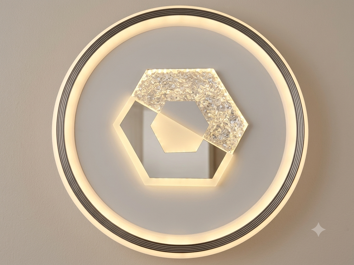 A modern circular light unit featuring an external LED ring and a hexagonal geometric design in the center, partially studded with sparkling crystal.