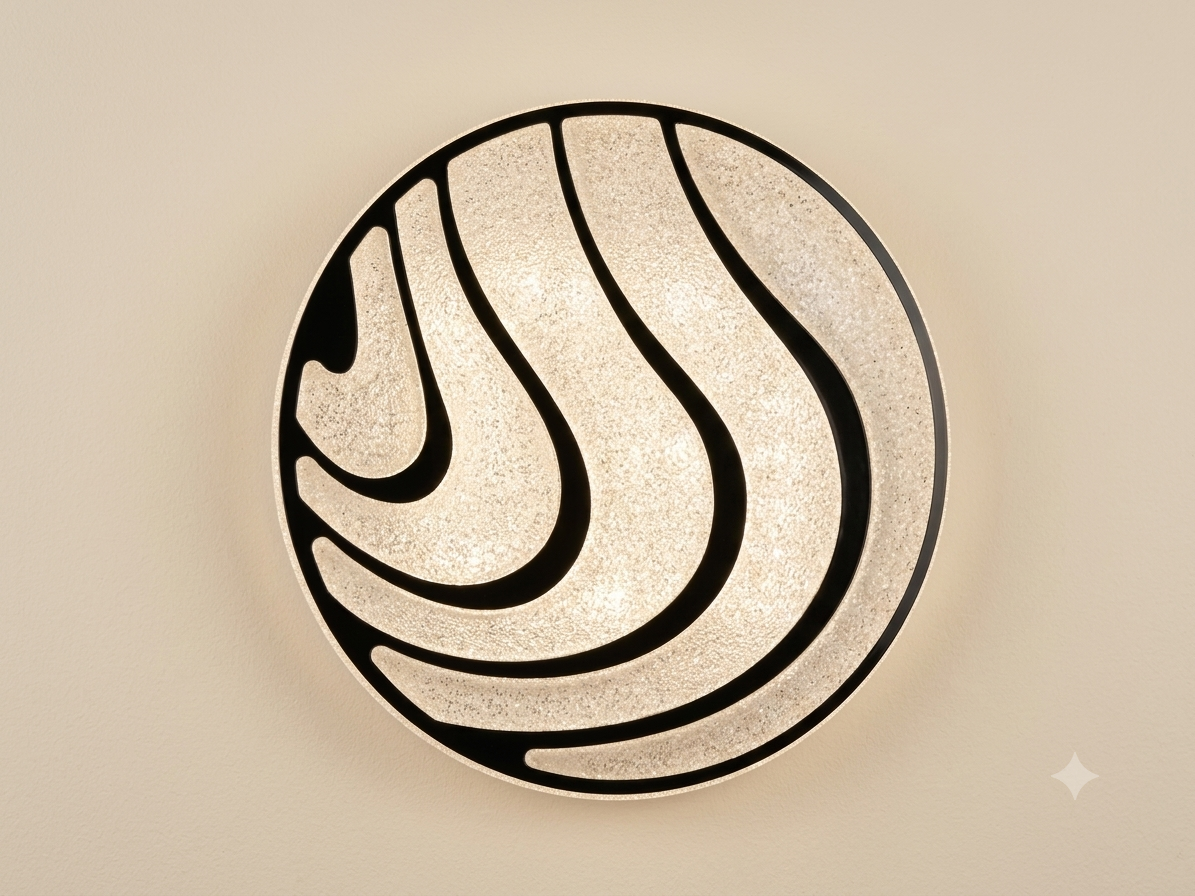 A circular lighting unit with a streamlined design that mimics sand dunes or waterways, combining hollow lines and luminous surfaces with a grainy texture to distribute warm and attractive lighting.