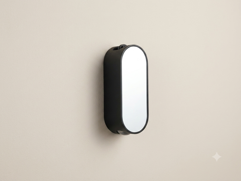 A white wall sconce with a minimalist capsule design, equipped with a top sensor and providing indirect side lighting.