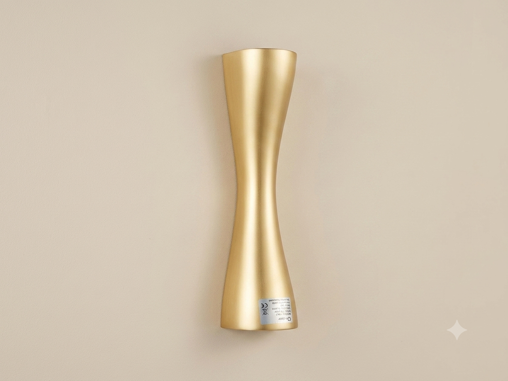 A wall light fixture with a streamlined metal design that mimics the shape of an hourglass with an elegant, matte gold finish, designed to distribute light smoothly up and down.