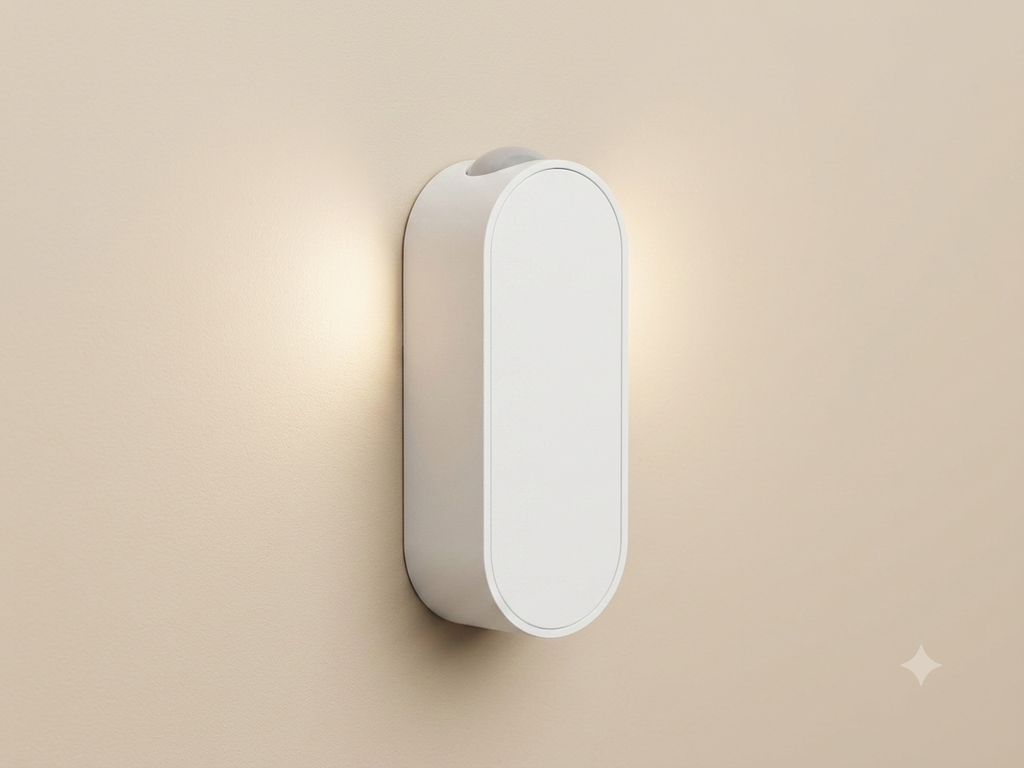 A white wall sconce with a minimalist capsule design, equipped with a top sensor and providing indirect side lighting.