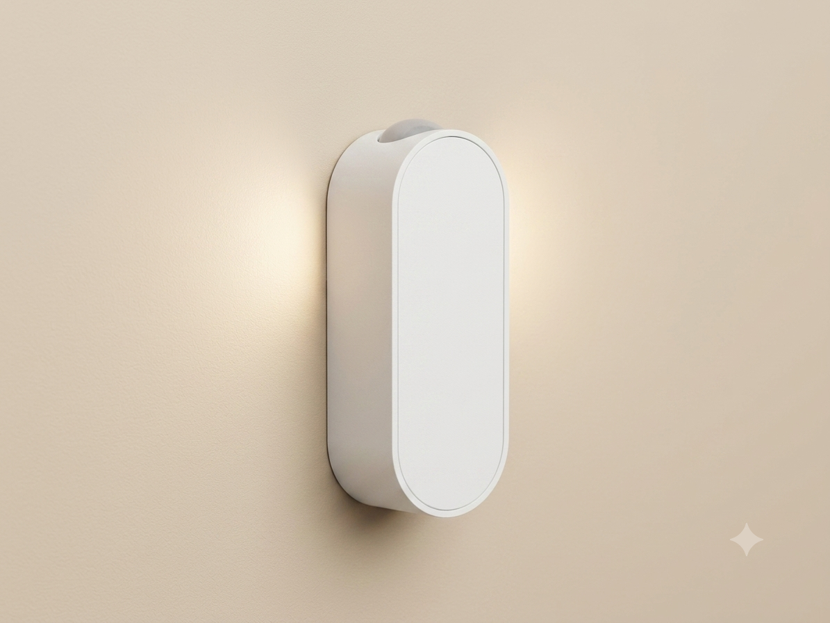 A white wall sconce with a minimalist capsule design, equipped with a top sensor and providing indirect side lighting.