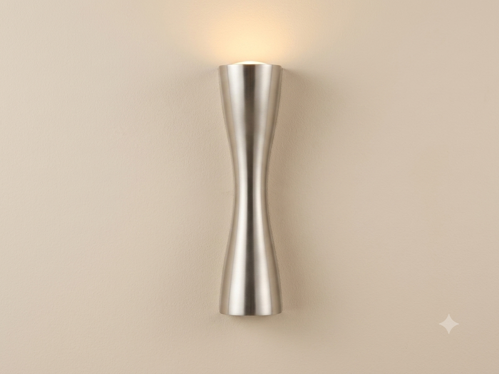 A wall light fixture with a streamlined metal design that mimics the shape of an hourglass with an elegant, matte gold finish, designed to distribute light smoothly up and down.
