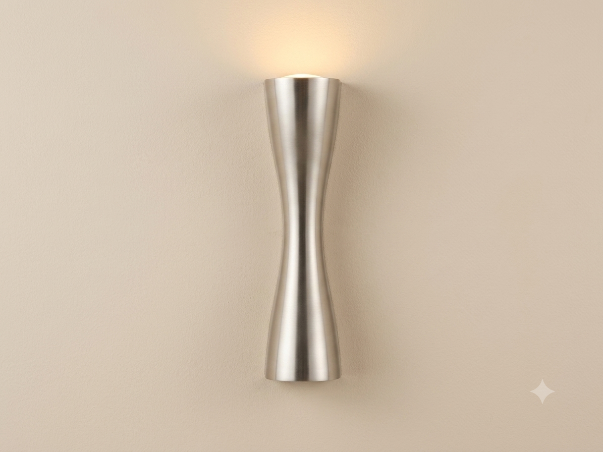 A wall light fixture with a streamlined metal design that mimics the shape of an hourglass with an elegant, matte gold finish, designed to distribute light smoothly up and down.