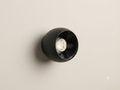 A black wall spotlight with a built-in spherical design to provide focused lighting.