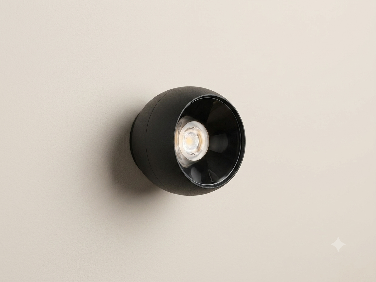 A black wall spotlight with a built-in spherical design to provide focused lighting.