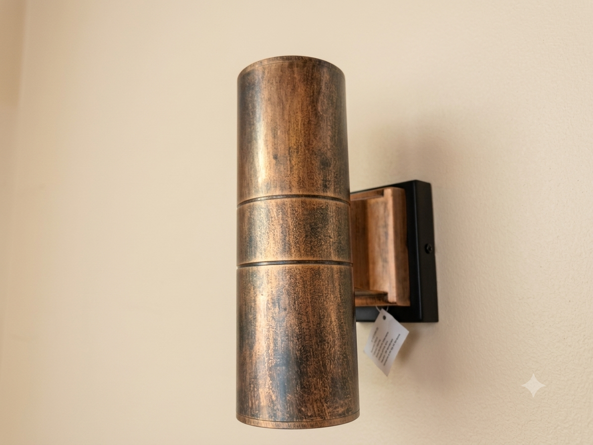 A cylindrical wall sconce with an antique bronze finish gives a rustic or industrial feel.