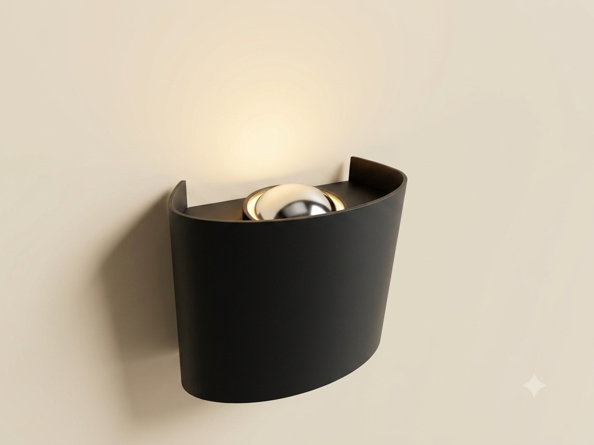A black curved wall sconce light unit featuring a reflective metal sphere bulb that provides soft overhead lighting.