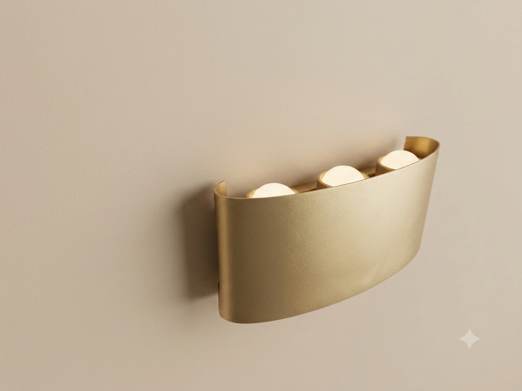 A gold wall sconce with an elegant curved metal design featuring three spherical bulbs that distribute light upwards.