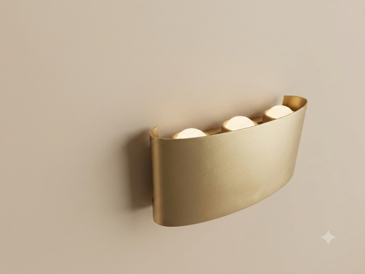 A gold wall sconce with an elegant curved metal design featuring three spherical bulbs that distribute light upwards.