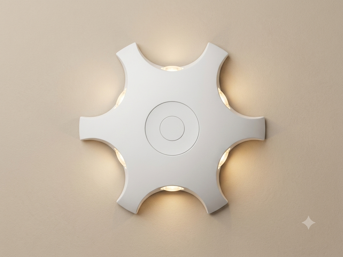 A white wall sconce with a modern design in the shape of a six-pointed star that distributes light from its side recesses.