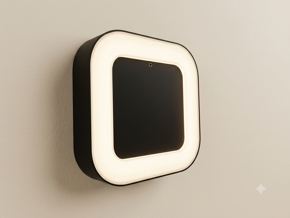 A square wall sconce with curved edges, featuring a black center and a wide white LED light frame.