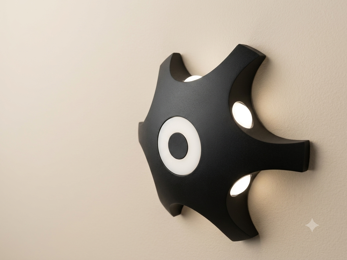 A black wall sconce with a modern star or gear design, featuring a circular light ring in the middle.