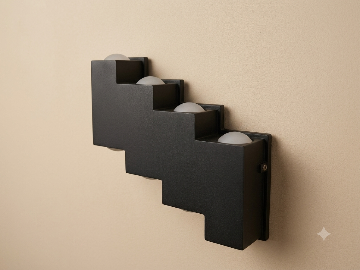 A black wall sconce with a stepped geometric design in the shape of a ladder and spherical glass lenses.