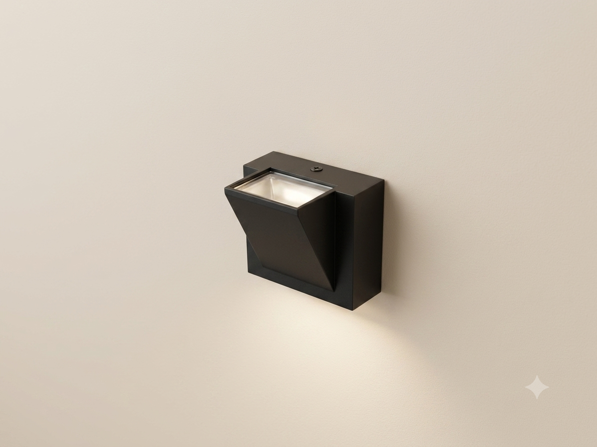 A black wall sconce with a modern geometric design that directs light up and down.