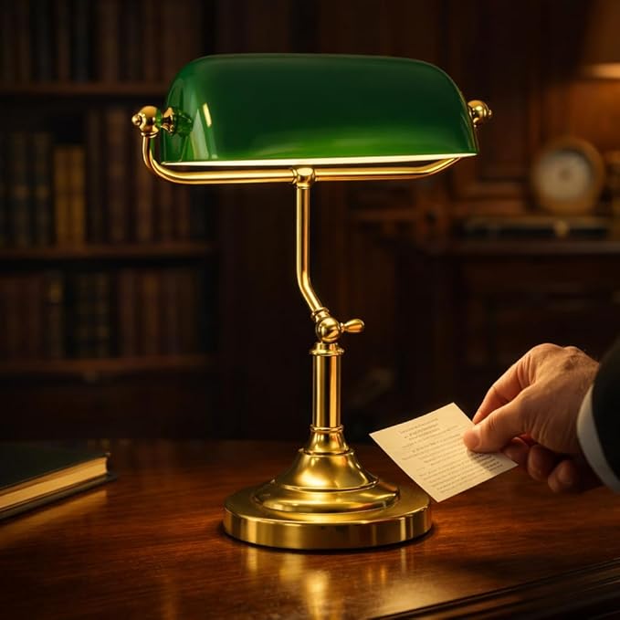 The Banker's Lamp, a classic desk lamp, features a polished brass base and stand and an iconic green glass shade, giving it a vintage feel and providing focused, comfortable reading light.