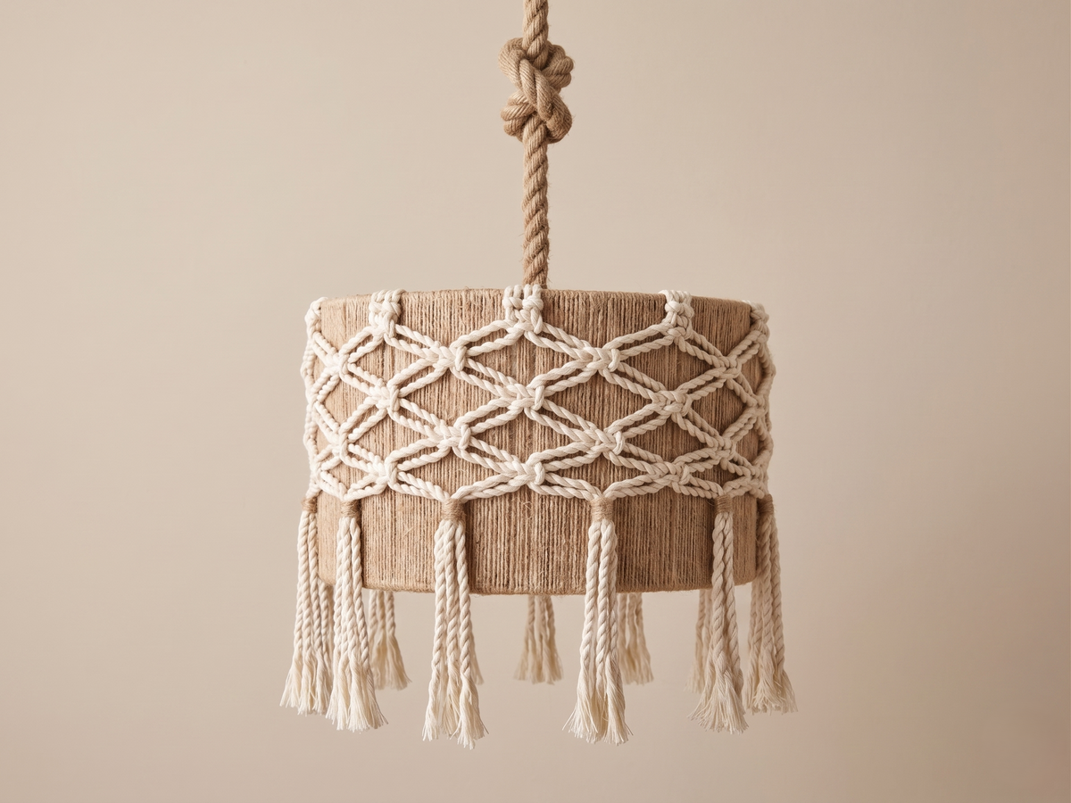 A cylindrical hanging chandelier made of burlap and macramé.