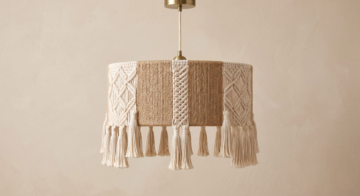 Modern cylindrical chandelier with macramé and burlap details.