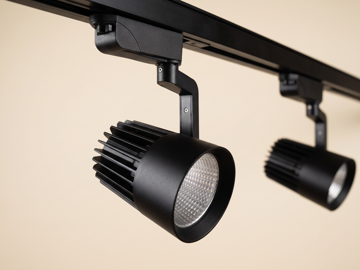 Track lights in black with a prominent geometric design.