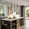 Pendant lighting units with a cylindrical, ribbed design in multiple colors
