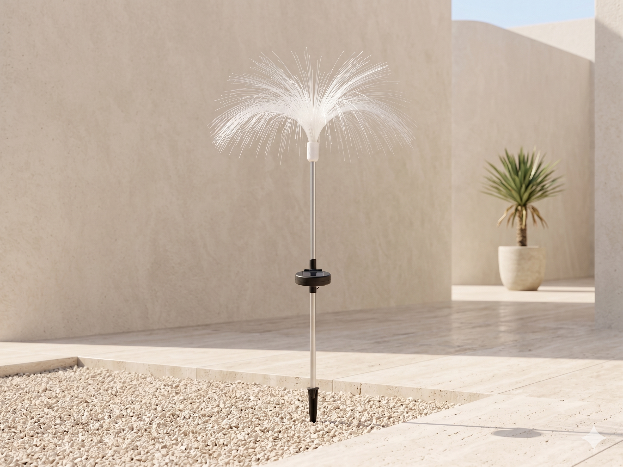 Solar-powered outdoor lighting unit with a "fiber optic" design in the shape of a plant
