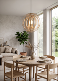 A spherical wooden lighting unit with a modern geometric design and a natural touch.