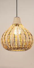 A "bohemian" style pendant light unit based on a metal frame covered with woven bamboo.