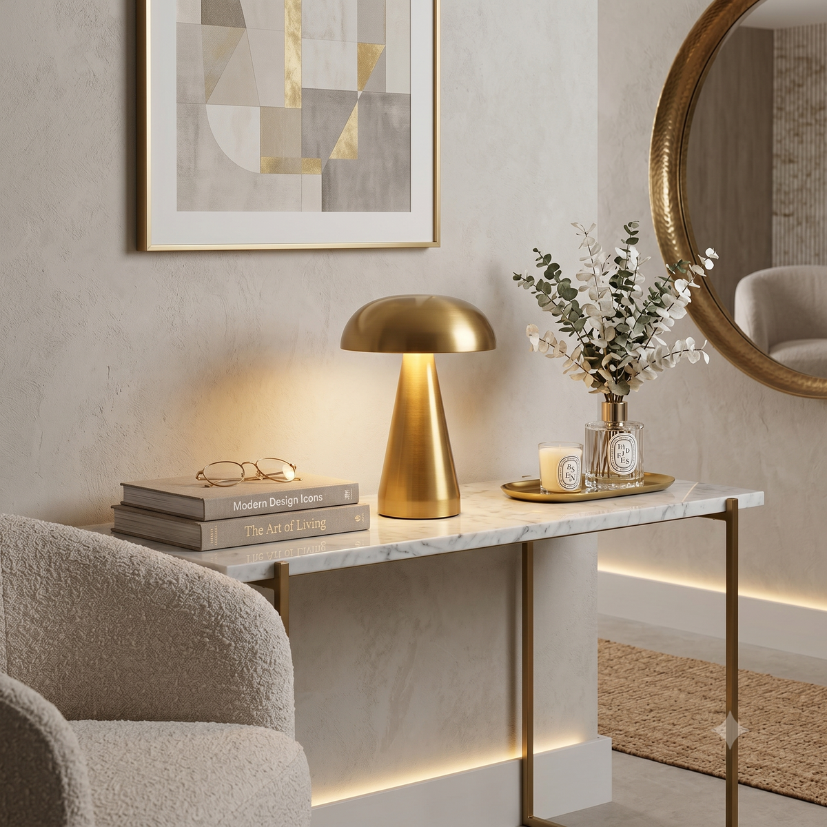 A metal table lamp with an elegant gold finish, featuring a modern design with a conical base and domed shade that provides warm, downward-facing lighting.