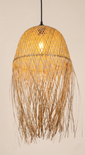 A pendant light unit made from hand-woven bamboo with a streamlined, organic design.