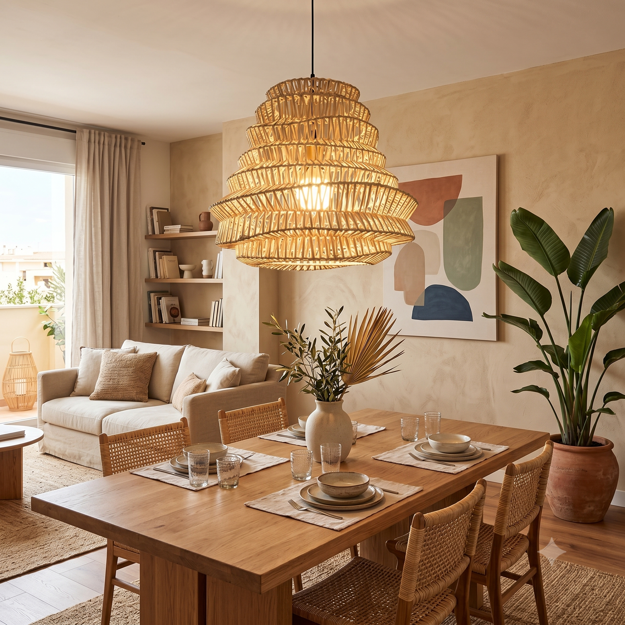 A bamboo pendant light unit with a tiered design.