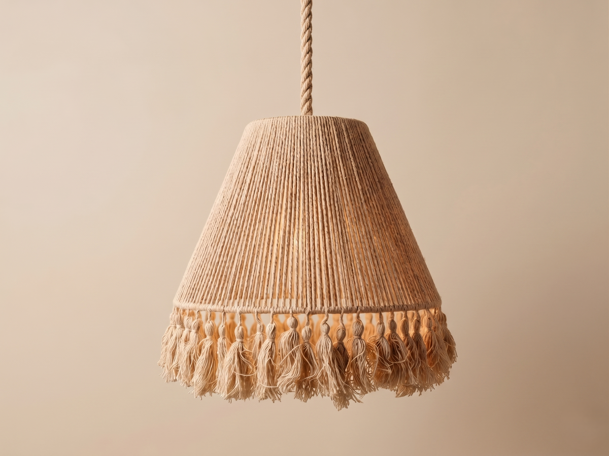 A conical Bohemian rug made of ropes and tassels.
