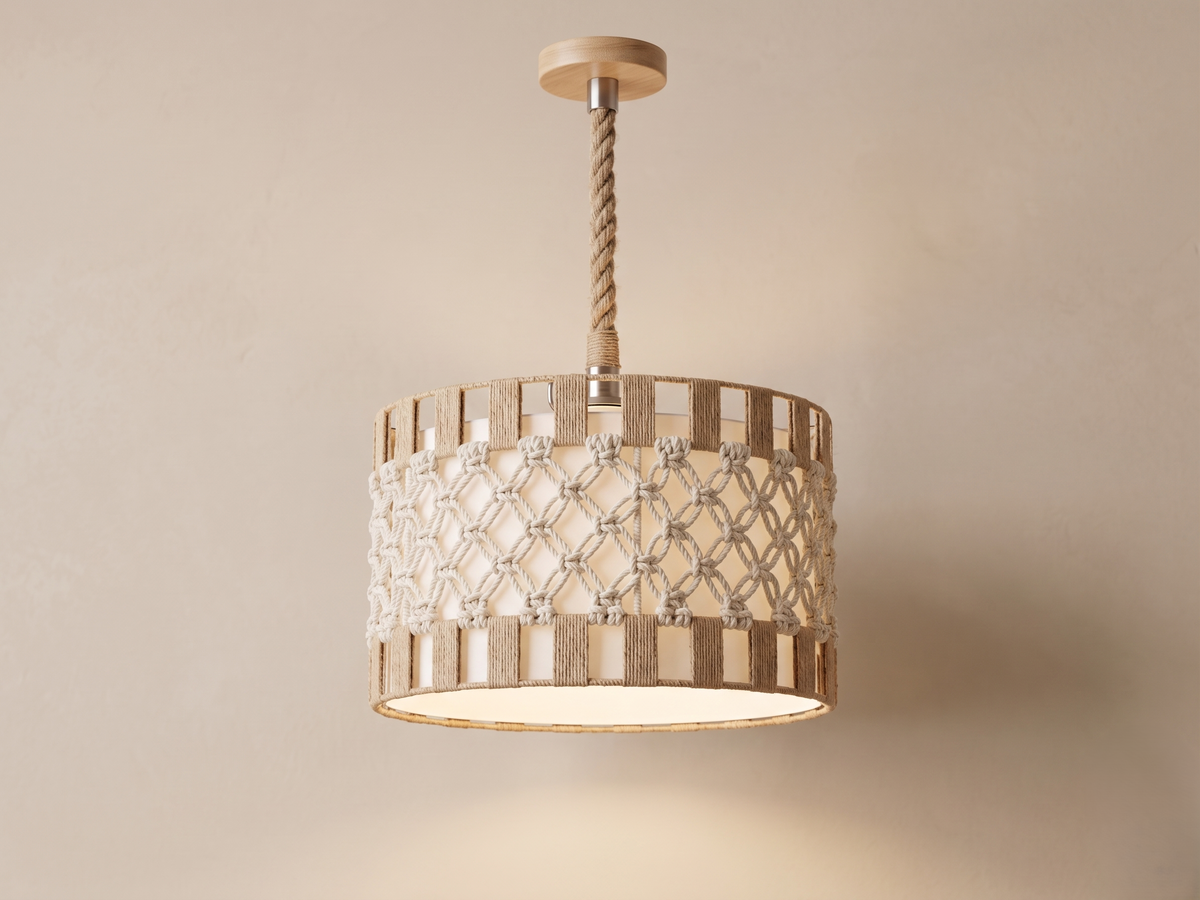 Modern cylindrical chandelier with macramé and jute rope designs