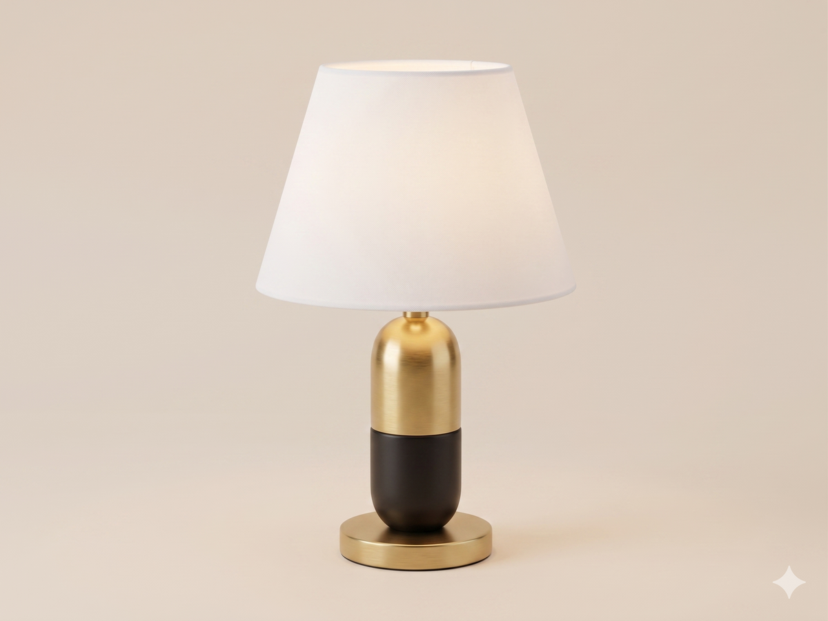 A table lamp with a modern and elegant design, featuring a cylindrical base that combines gold and black, with a white fabric shade that distributes warm and soft light.