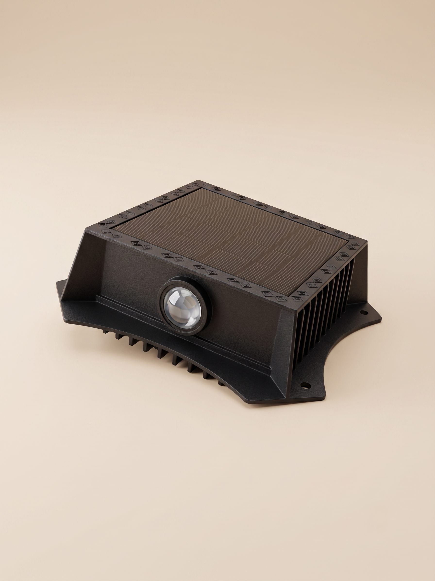 A solar-powered deck light, with a durable black design adorned with geometric patterns around the solar panel.