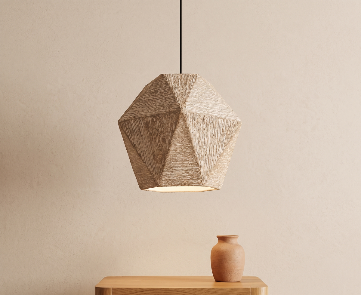 Modern chandelier with a geometric structure made of jute threads