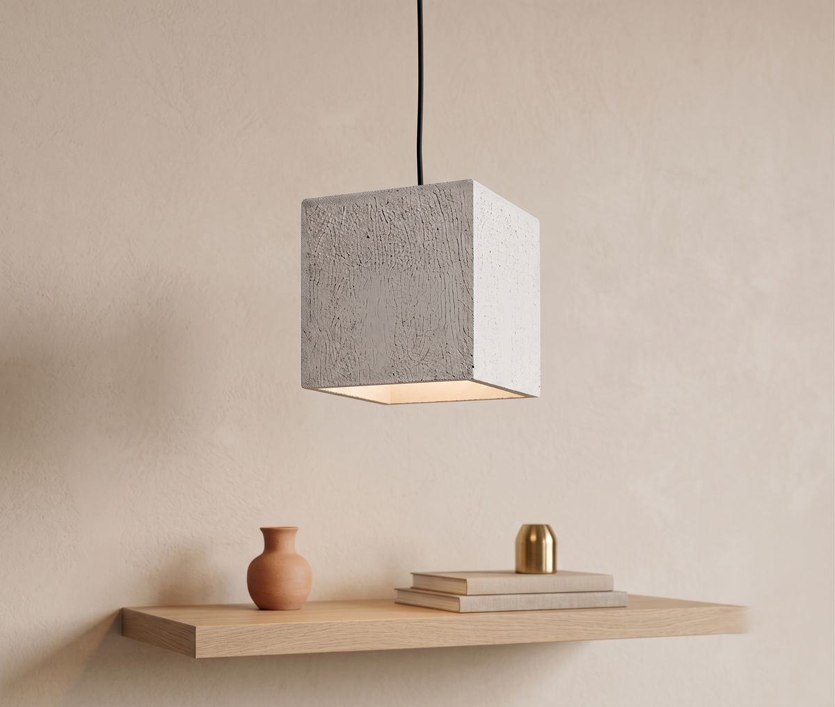 Modern cubic chandelier with a concrete (or gypsum) effect.