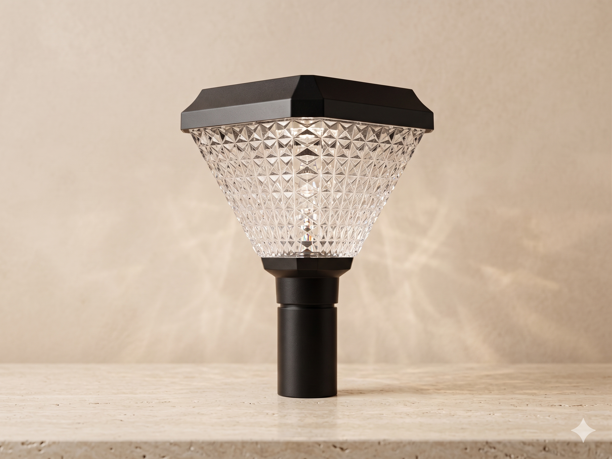 Solar-powered outdoor lighting unit with a "fiber optic" design in the shape of a plant
