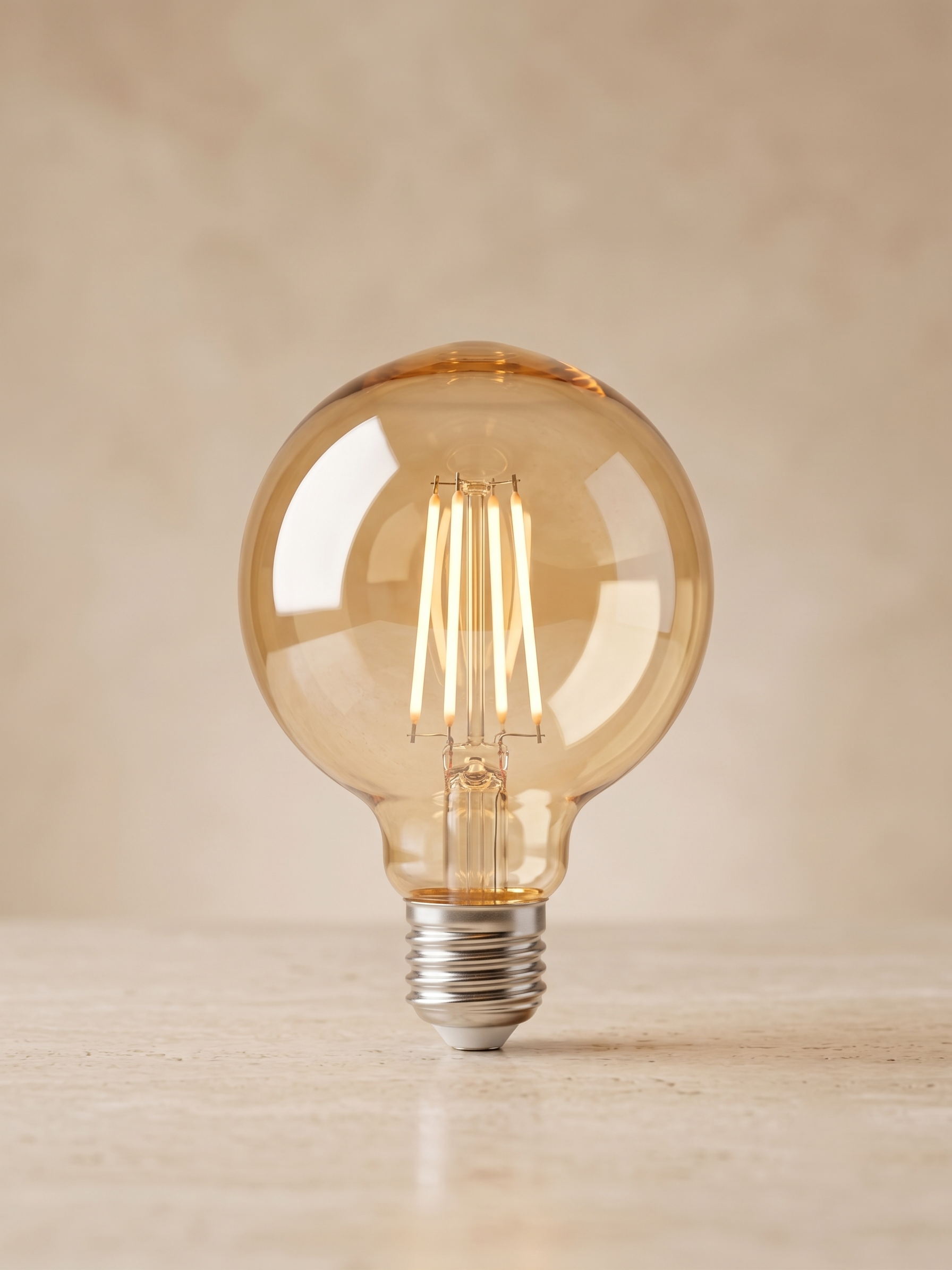 Spherical LED filament lamp with a warm gold finish.