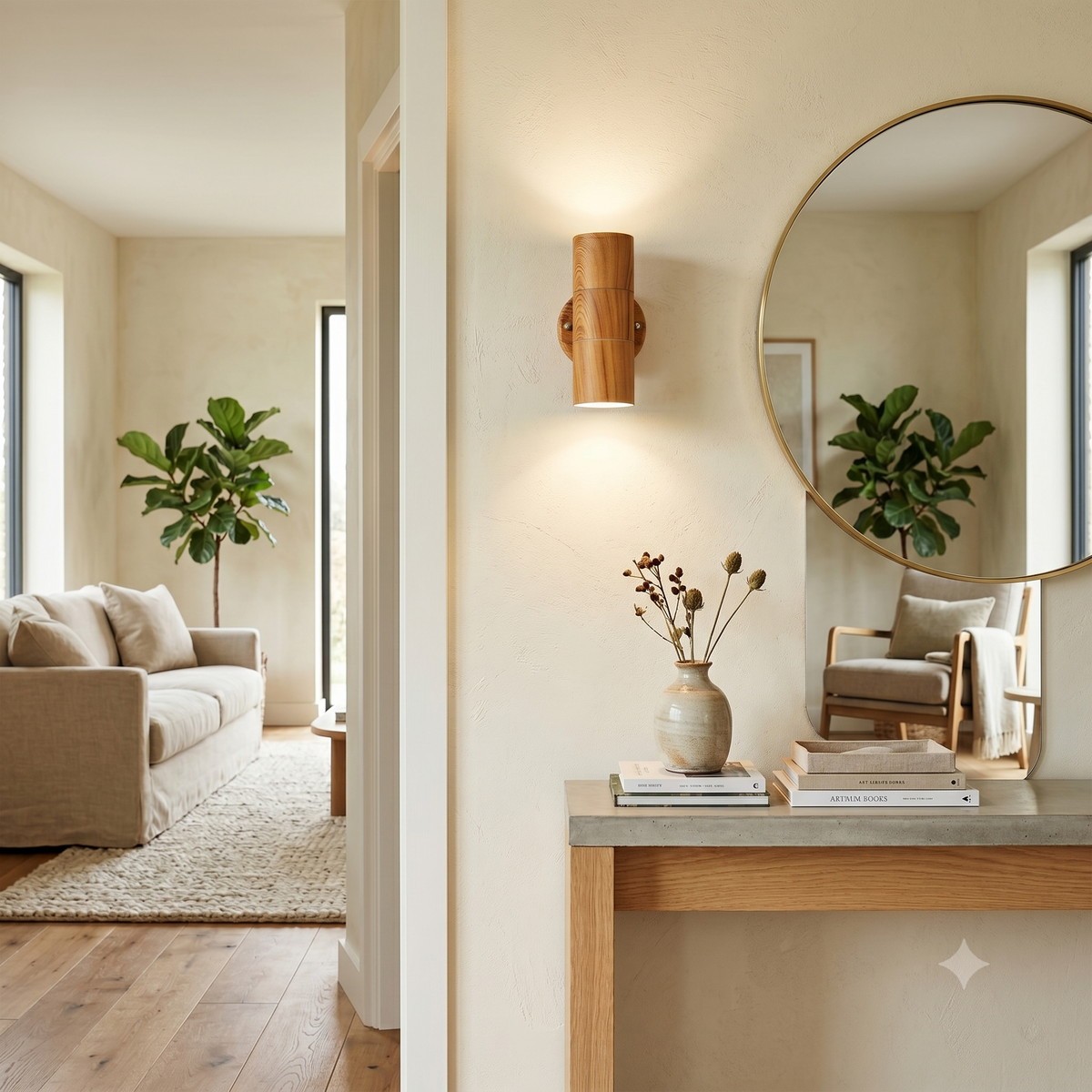 A cylindrical wall sconce made of natural wood, adding a warm and simple touch to the space.