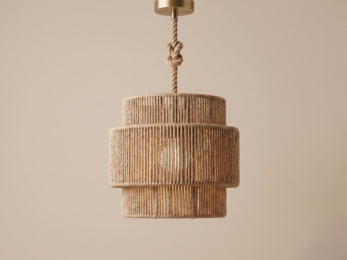 A rustic chandelier made of hemp or jute ropes.