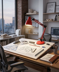 A red desk lamp with a classic flexible hinge design (Architect Lamp), equipped with metal springs and an adjustable arm to direct focused lighting, ideal for the work environment and architectural drawing.