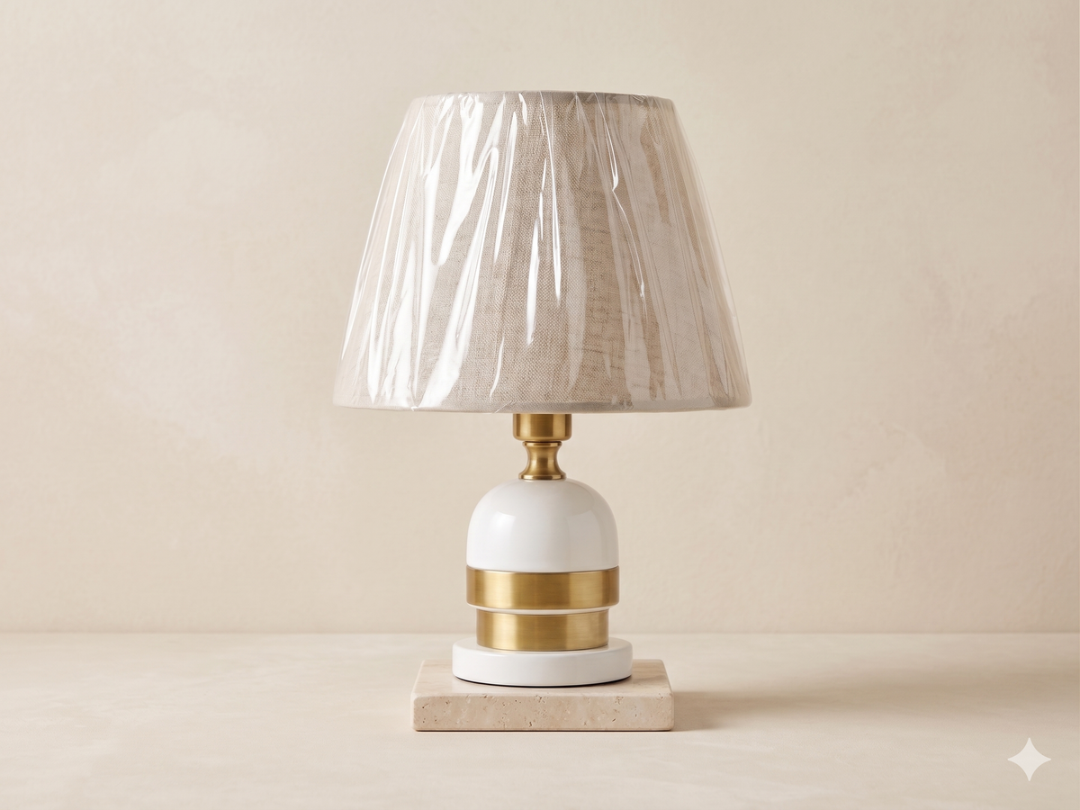 A modern table lamp made of white and gold ceramic with a light marble base.