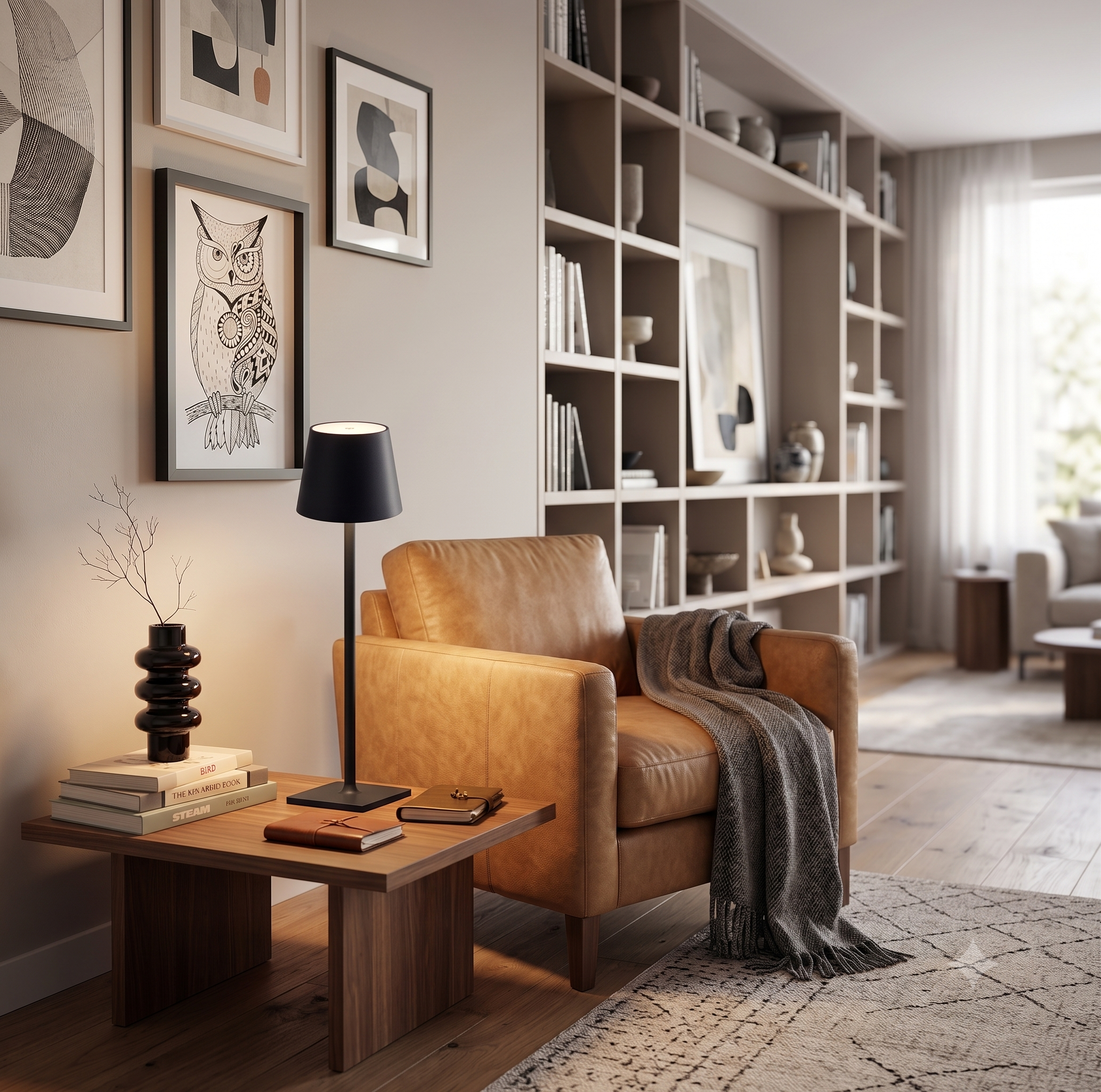 A black table lamp with a minimalist modern design, featuring a slim metal pole and a conical shade, providing warm downward-facing lighting that is ideal for reading and relaxation corners.