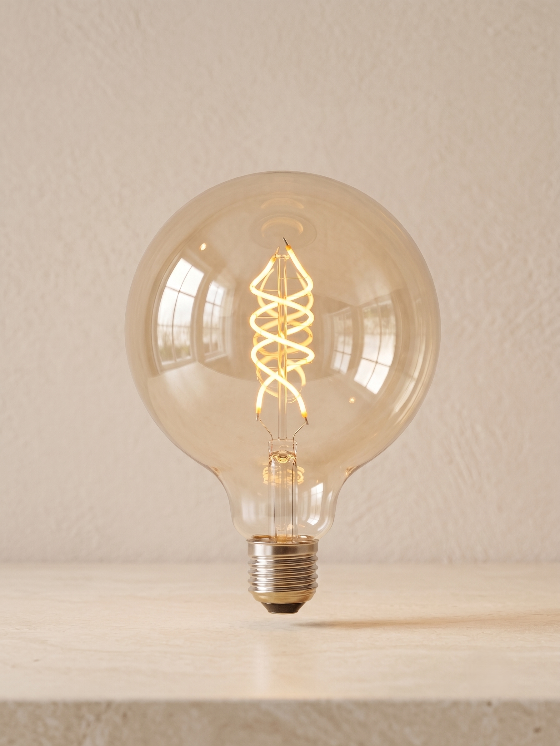A spherical LED filament lamp featuring an internal light filament with a double spiral design.